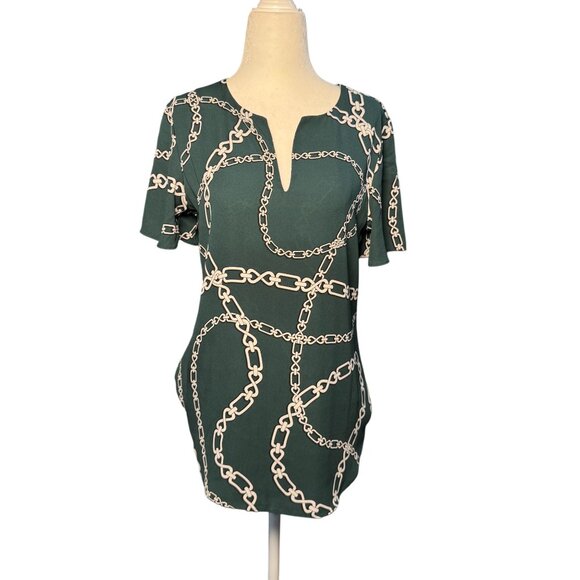 Ann Taylor Elegant Top XS Green White Chain Luxury Print Blouse Short Sleeve - Picture 2 of 11